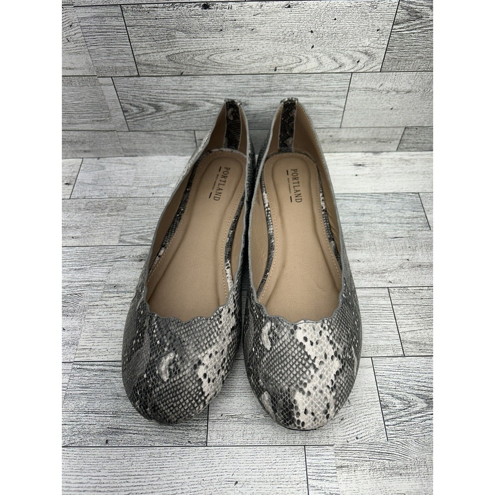 *WOMENS PORTLAND BOOT COMPANY 'RUTHIE' SCALLOPED EDGE FLATS 8M FAUX‎ SNAKE SKIN